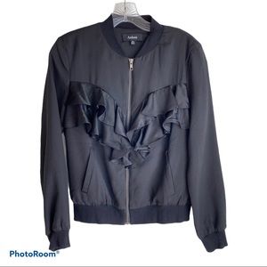 Aakaa Black Ruffled Bomber Jacket with Leopard Print Lining Size Small